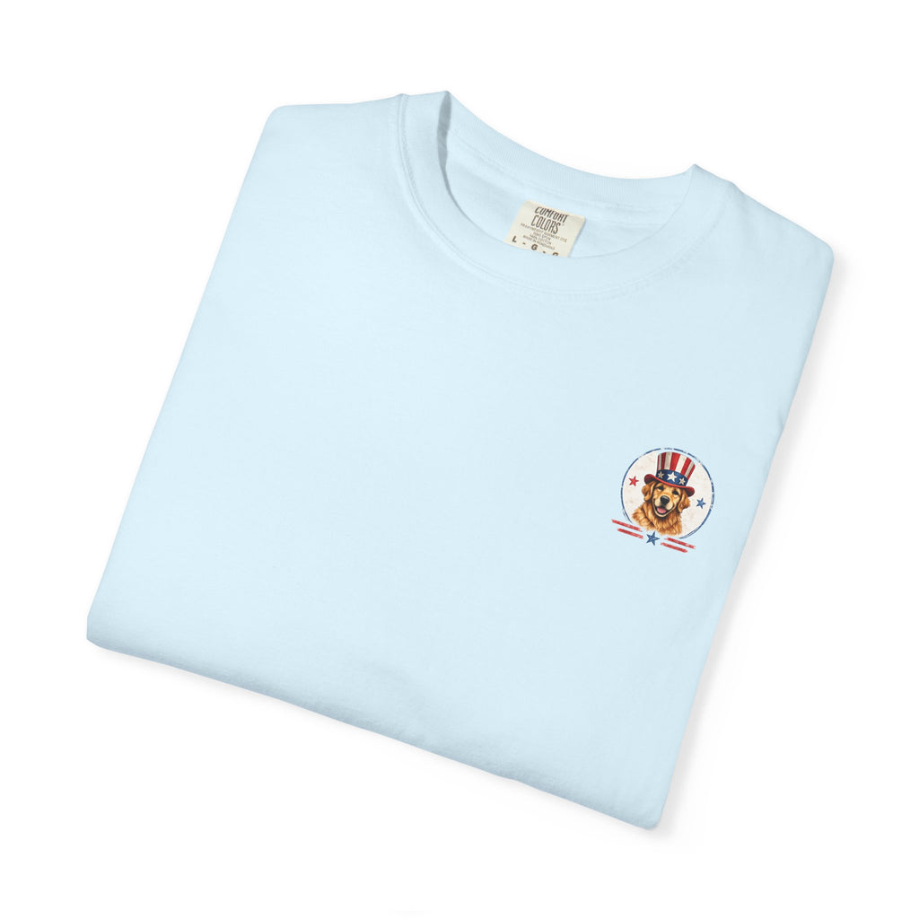 Patriotic Dog T-Shirt — Golden Retriever with Flags & Fireworks