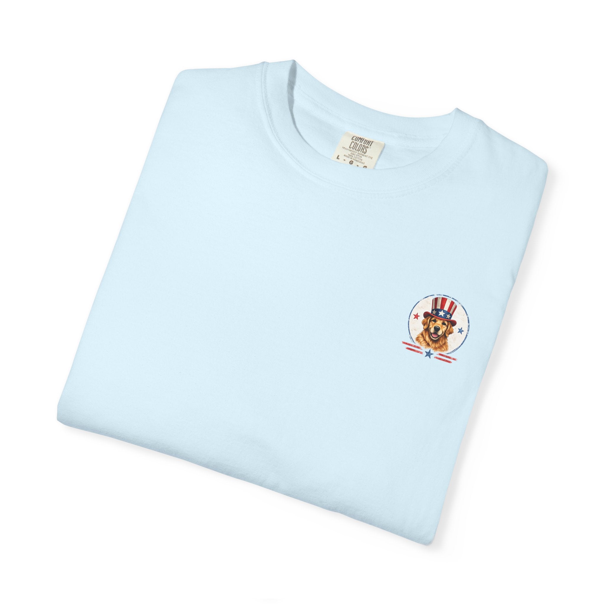 Patriotic Dog T-Shirt — Golden Retriever with Flags & Fireworks
