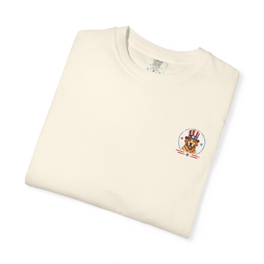 Patriotic Dog T-Shirt — Golden Retriever with Flags & Fireworks