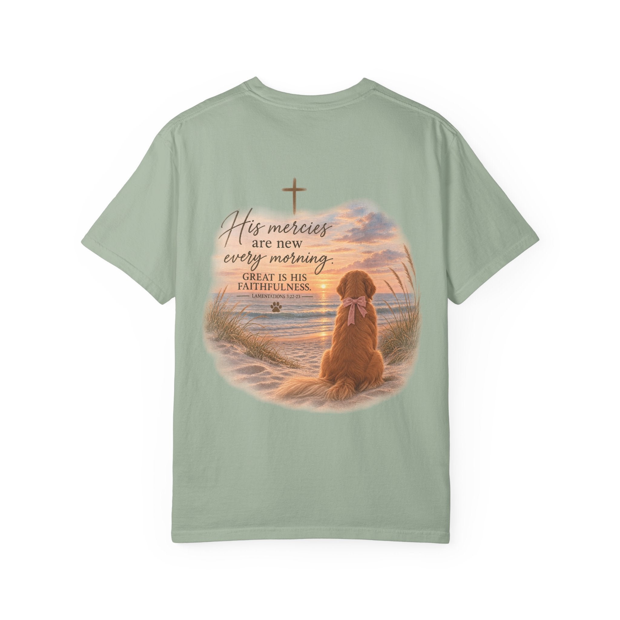 His Mercies Are New Every Morning T-shirt | Christian Faith Dog Beach Sunset