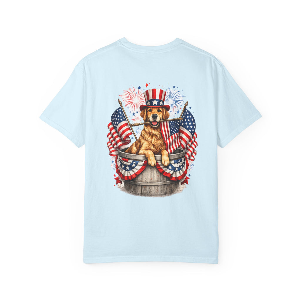 Patriotic Dog T-Shirt — Golden Retriever with Flags & Fireworks