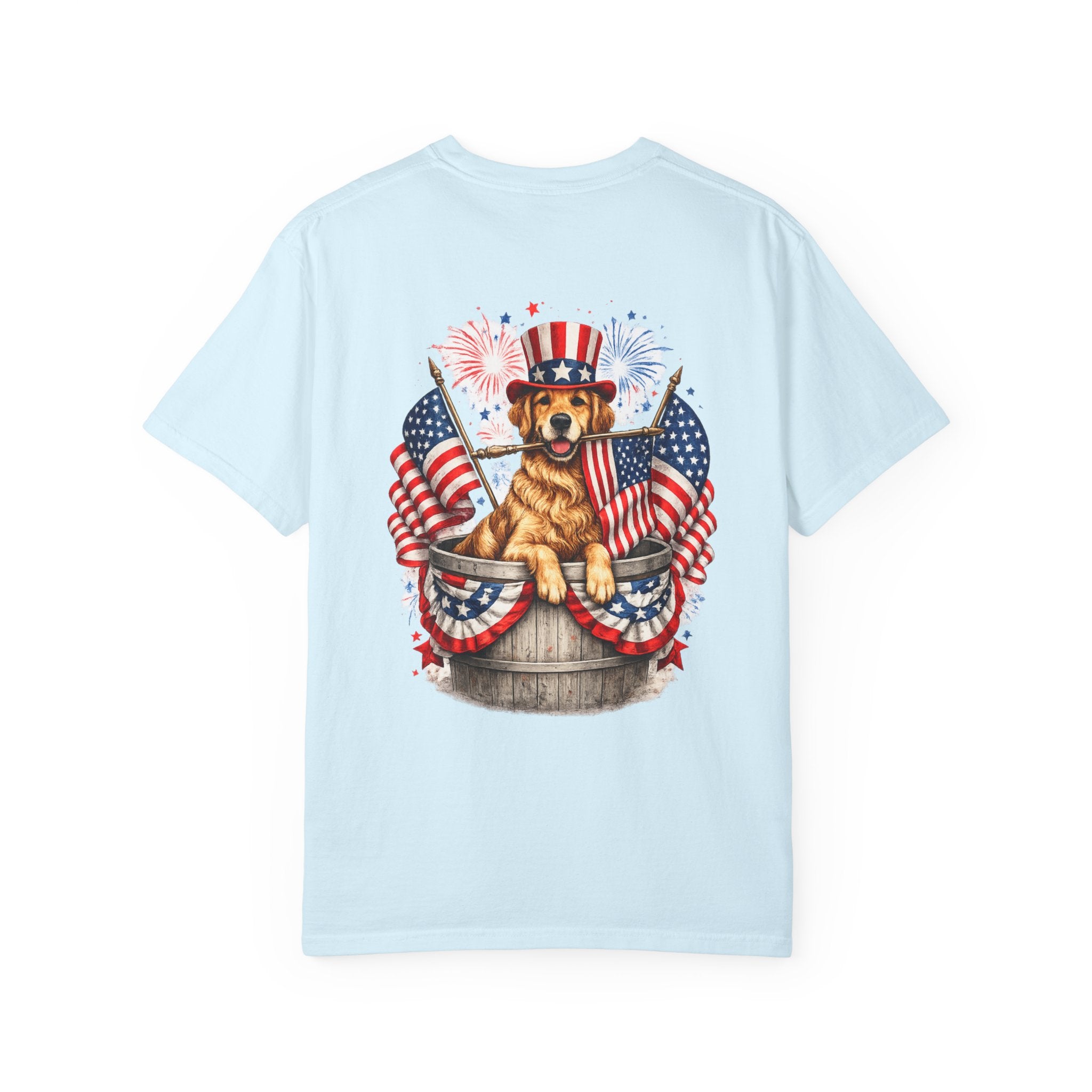 Patriotic Dog T-Shirt — Golden Retriever with Flags & Fireworks