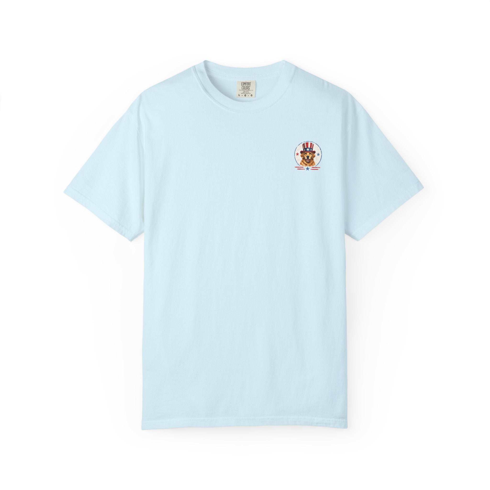 Patriotic Dog T-Shirt — Golden Retriever with Flags & Fireworks