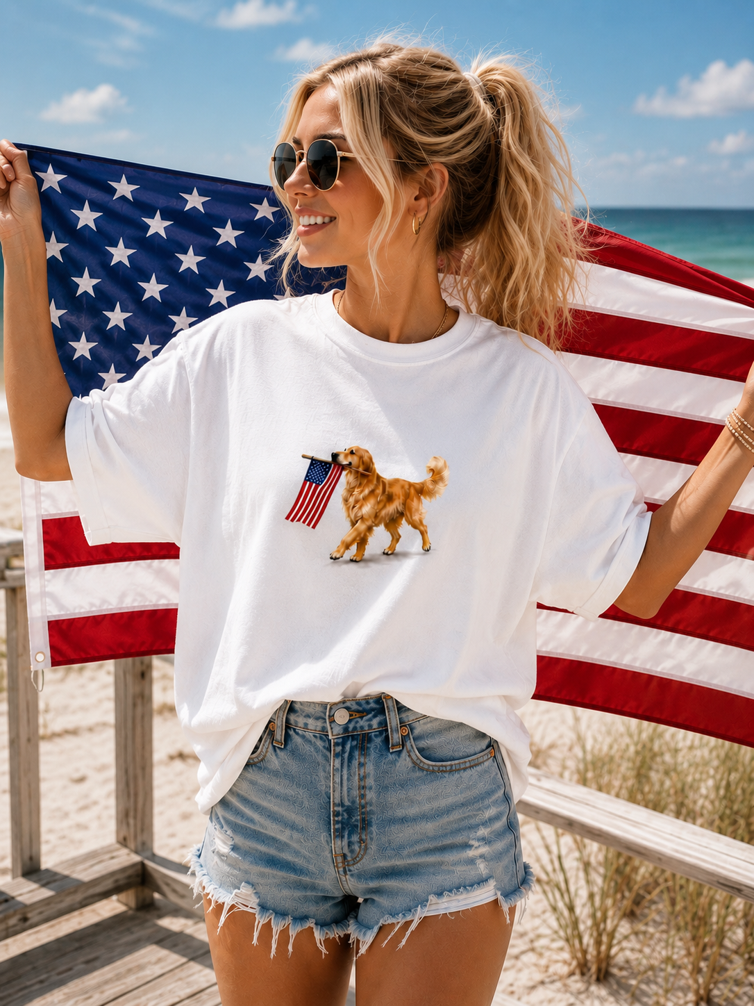 Golden Retriever with American Flag T-Shirt | Patriotic Dog Tee