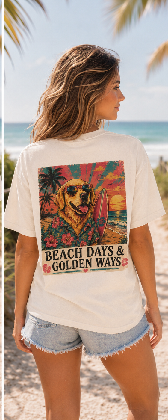 Beach Days & Golden Ways T-Shirt Surfing Golden Retriever Graphic Tee