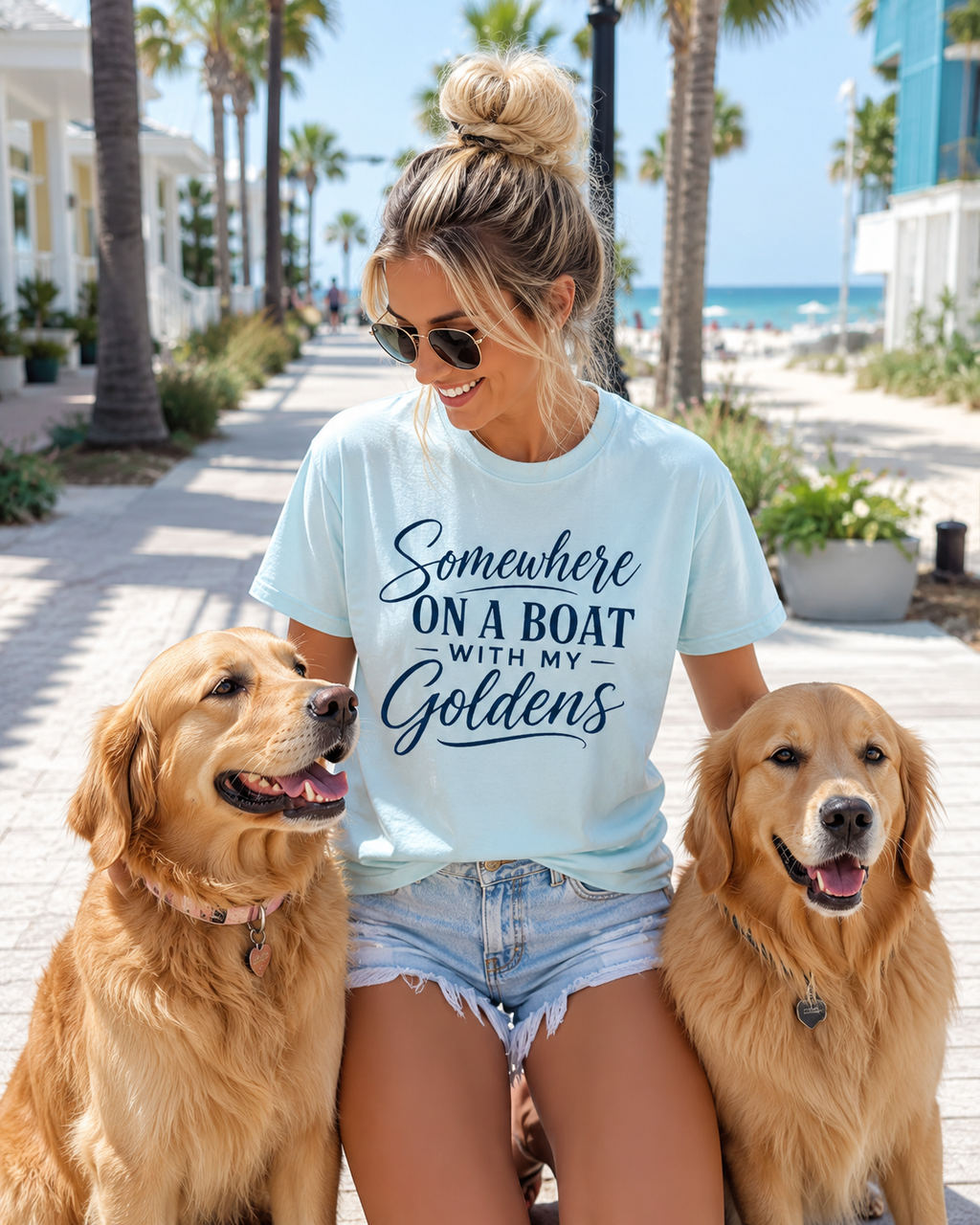Boat Life T-Shirt “Somewhere on a Boat with My Goldens” Dog Lover Tee
