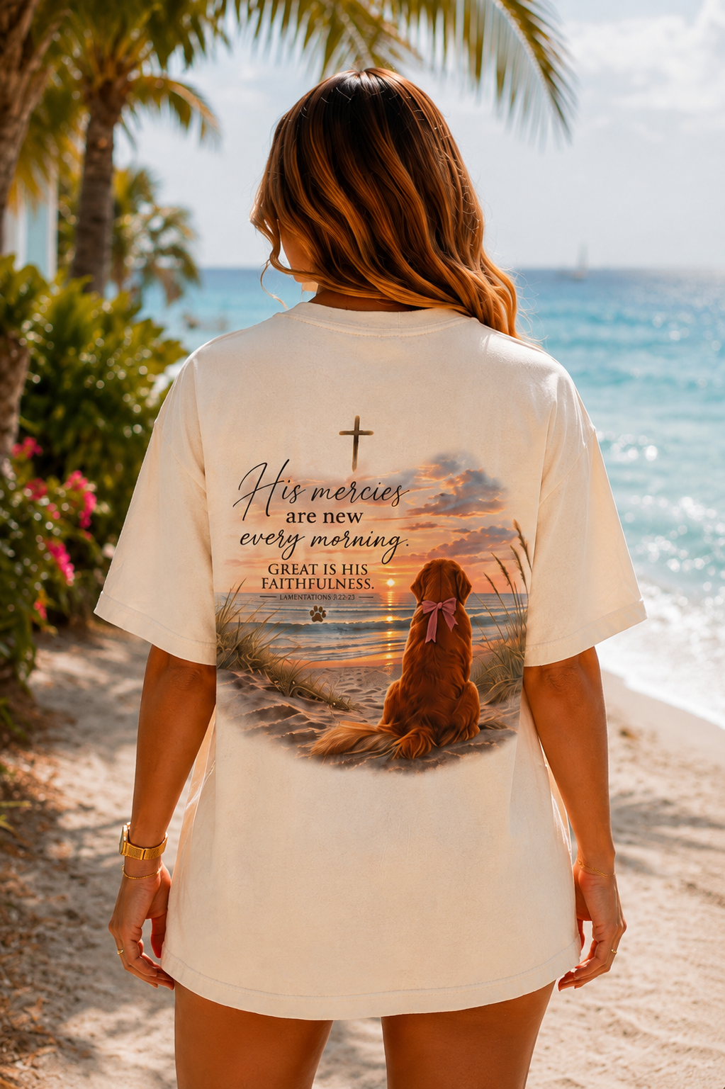 His Mercies Are New Every Morning T-shirt | Christian Faith Dog Beach Sunset