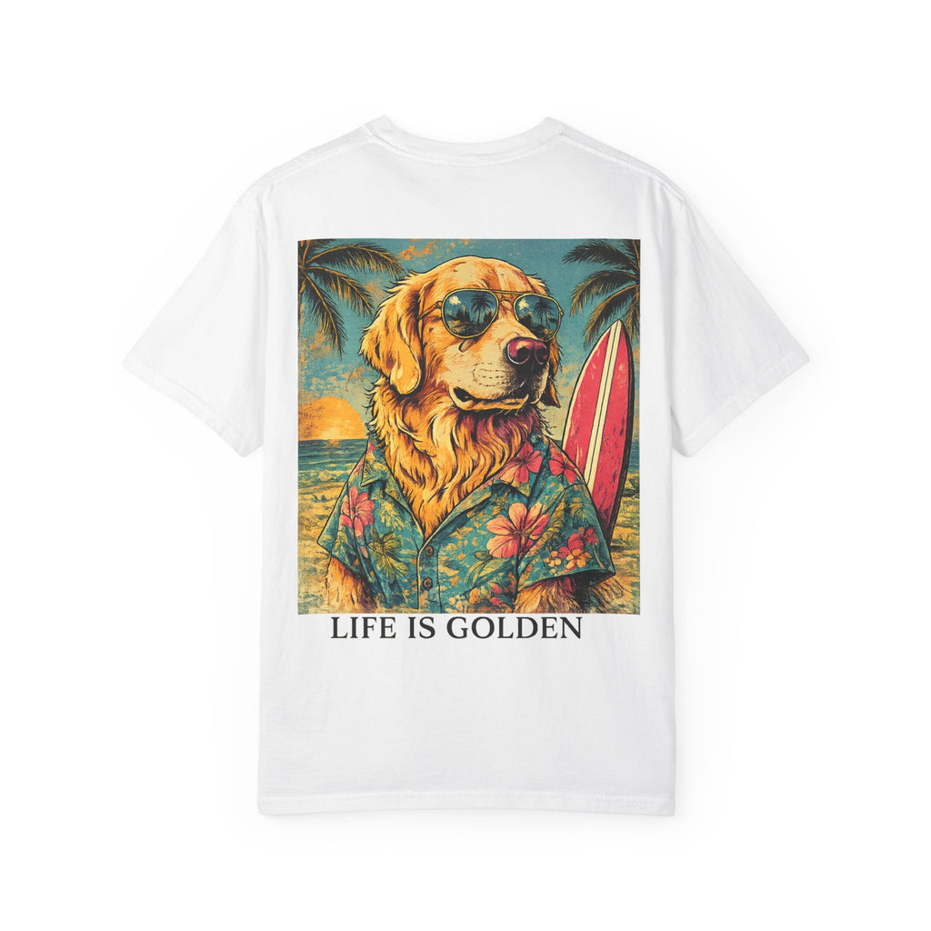 Life Is Golden Golden Retriever Surf Dog T-Shirt | Retro Beach Pineapple