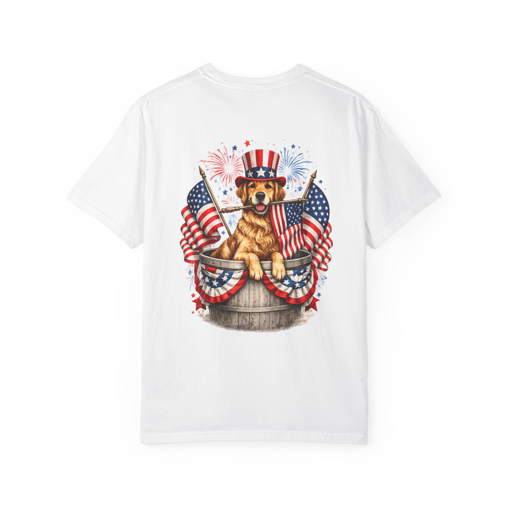 Patriotic Dog T-Shirt — Golden Retriever with Flags & Fireworks