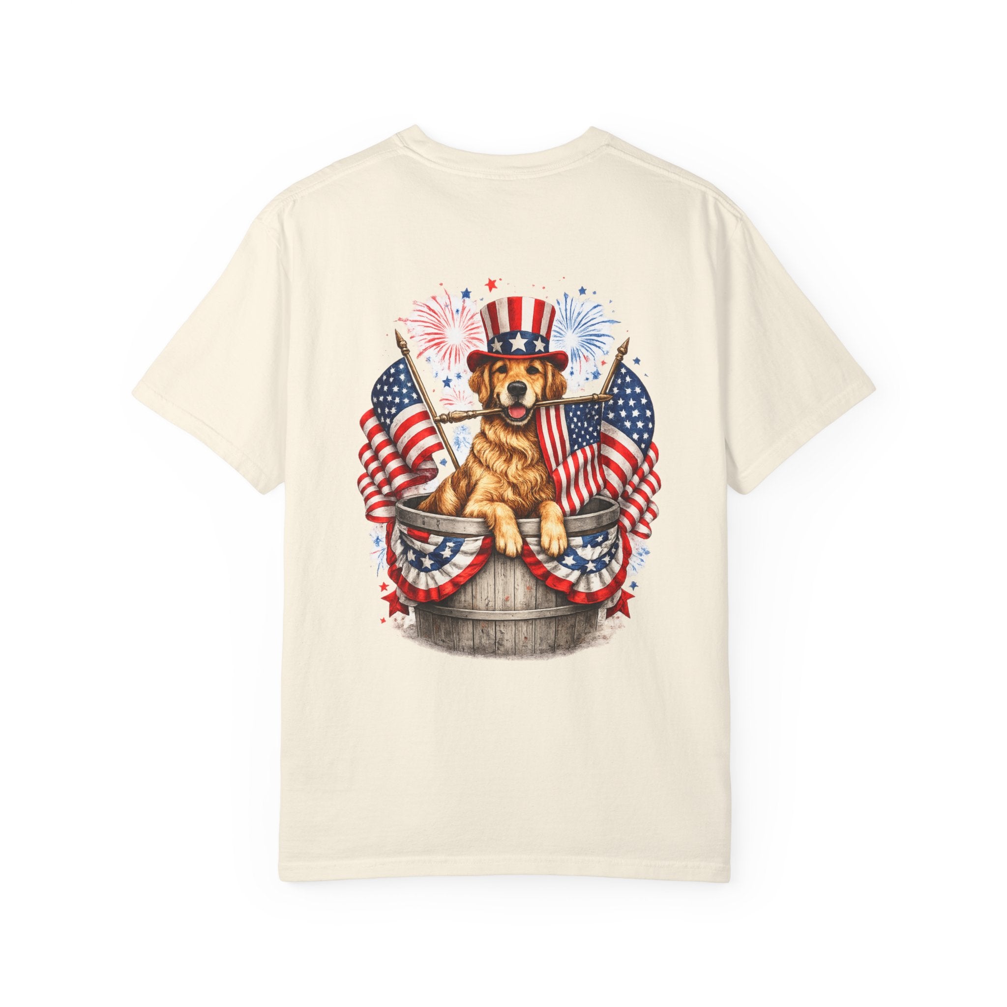Patriotic Dog T-Shirt — Golden Retriever with Flags & Fireworks