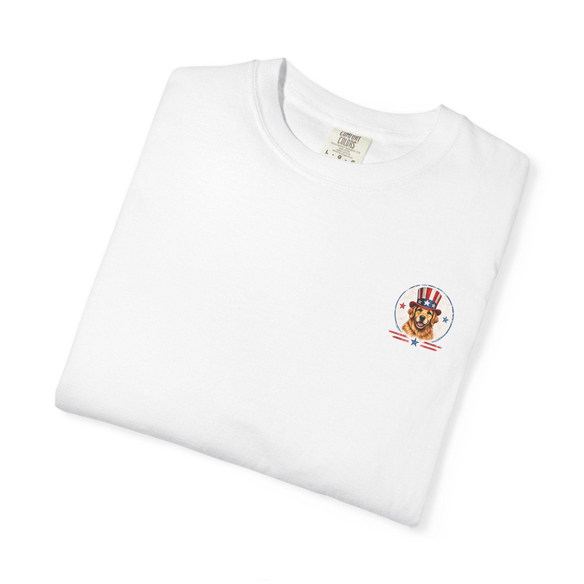Patriotic Dog T-Shirt — Golden Retriever with Flags & Fireworks